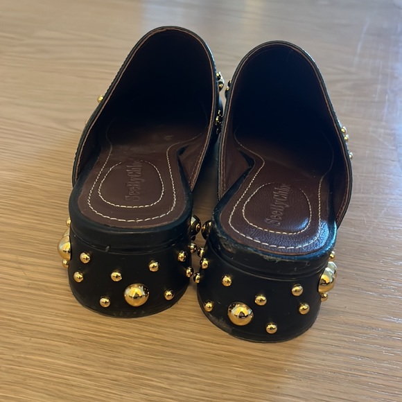 SEE BY CHLOE BLACK AND GOLD STUDDED MULES HEELS SZ 36 - Picture 4 of 5